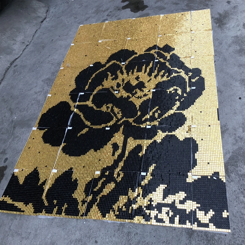 Customized Alkali Gold Mirror mix black Rose Flower Puzzle Art Glass Mosaic Tile, Living Room Wardrobe room bathroom firepalce