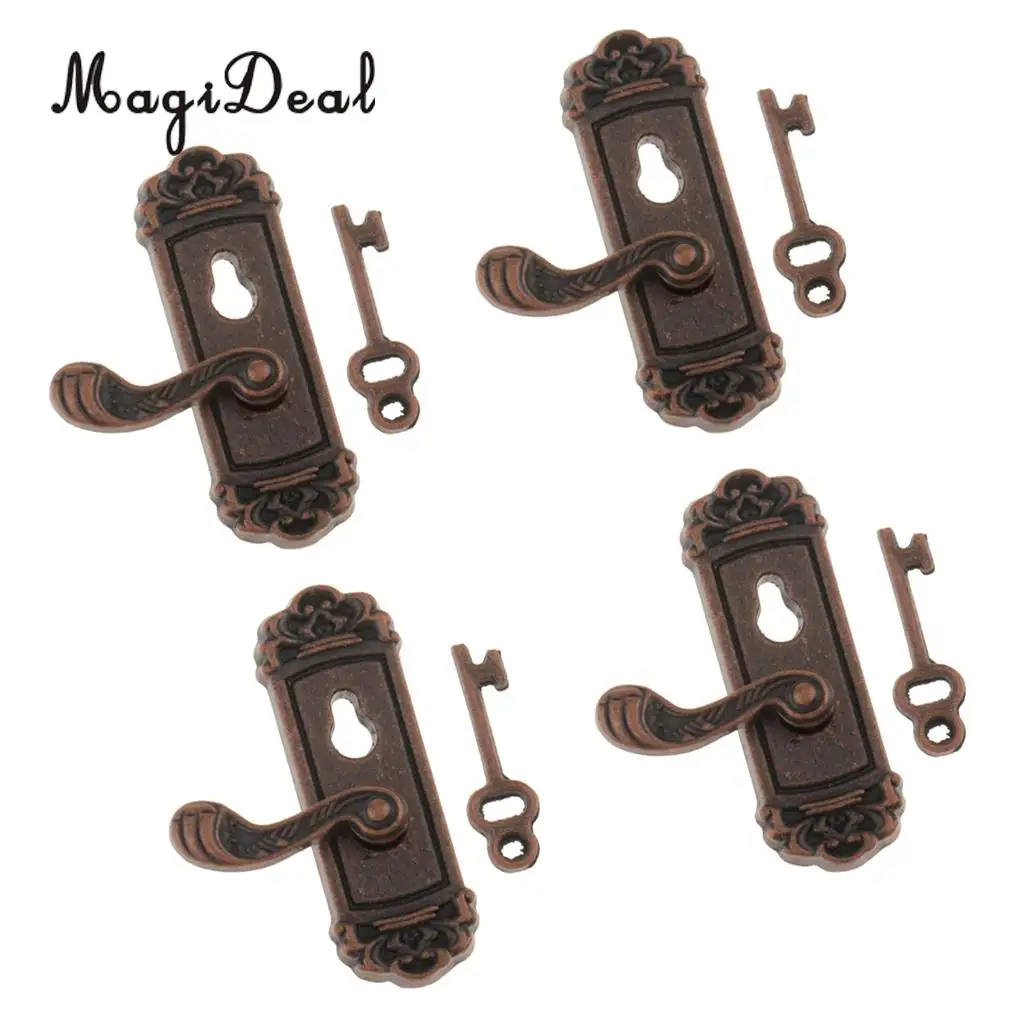 8 Pieces 1/12 Scale Dollhouse Miniature Vintage Door Locks Keys Right Left Handles DIY Scene Accessories