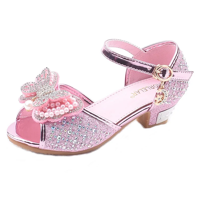 Sandalias de tacón alto con lazo de diamantes de imitación para niñas pequeñas, zapatos de princesa para bailar, zapatos de cuero Pu para niñas