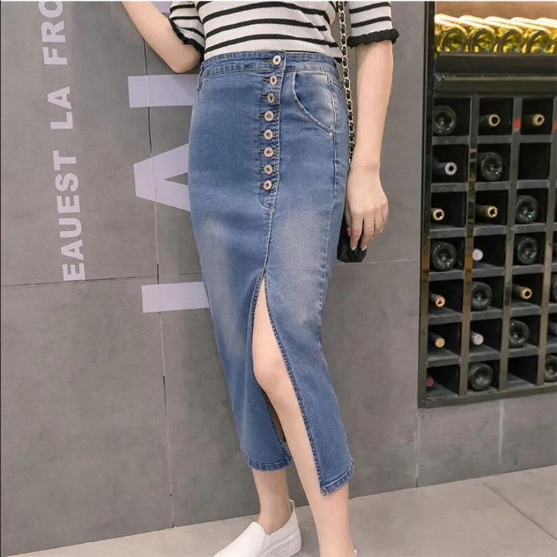 

2019 Long Denim Skirt Women High Waist Denim Skirts Pencil Split Stretch Slim Sexy Jean Maxi Skirt Mujer r760