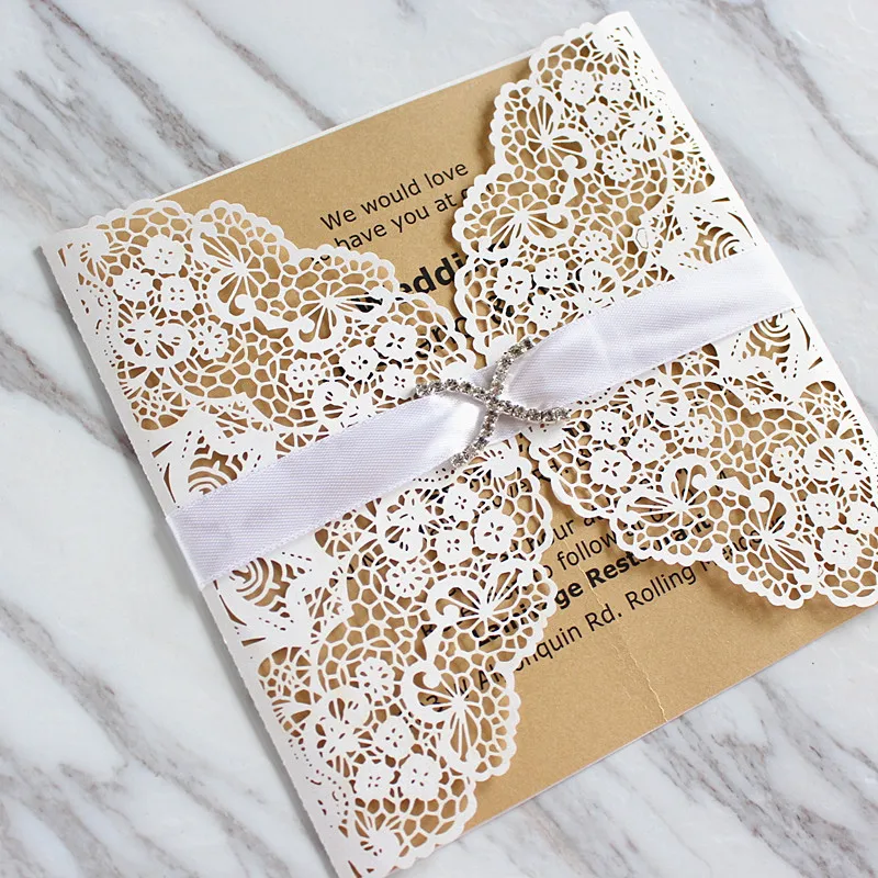 Jeweled white lace wedding invitations with inserts envelopes vintage anniversary invitation card holder 5.9