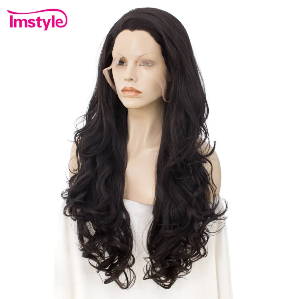 Imstyle Natural Black Synthetic Lace Front Wig Long Hair Wavy Wigs For Women Heat Resistant Fiber Daily Wigs