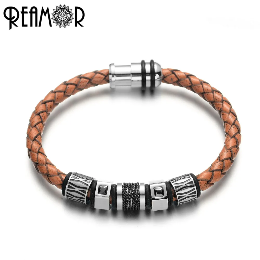 

REAMOR Vintage Men Handmade Bracelet Jewelry Genuine Leather Braid Charm Bracelets Stainless Steel Black CZ Beads Cuff Bangles