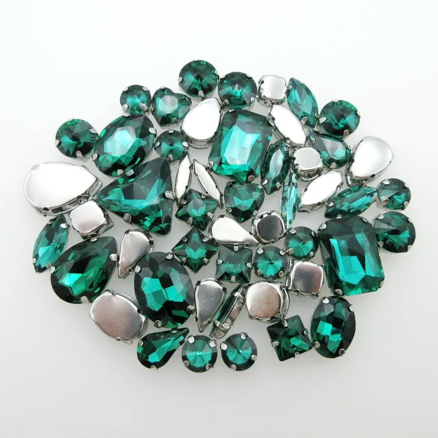 Emerald glass crystal strass mix 13 shapes silver claw flatback sew on rhinestones beads bags garment accessories diy 50pcs/pack