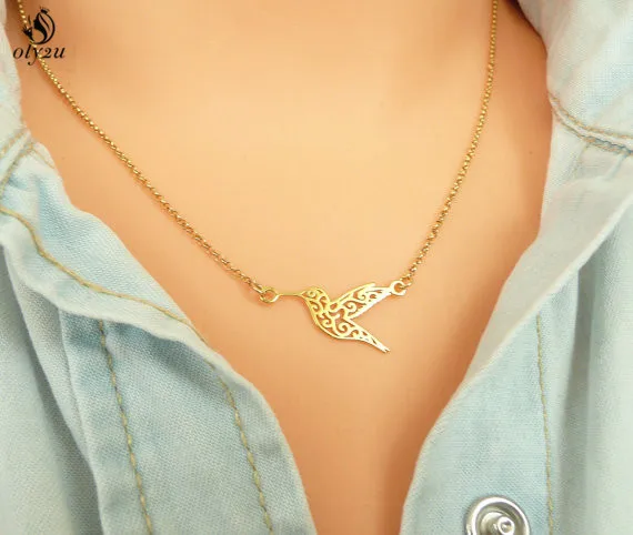 Oly2u Geometric Origami Hummingbird Necklace Flying Bird Clavicle Chain Statement Choker Necklace Pendant Jewelry Gifts