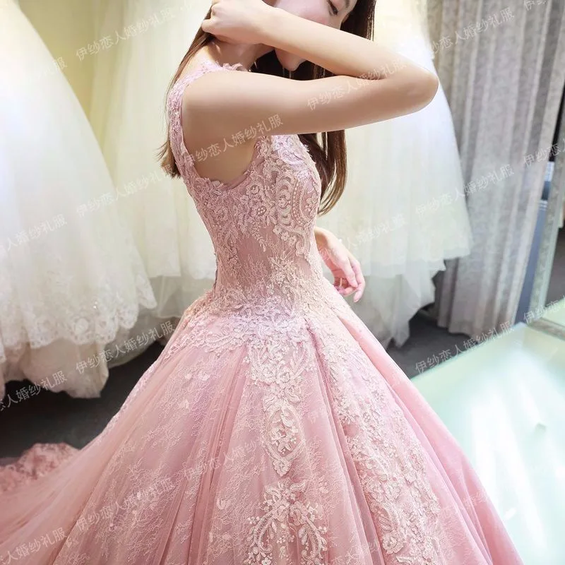 Em zhu robe de mariee sem mangas rosa princesa vestidos de casamento renda applique inchado vestido de baile vestido de noiva