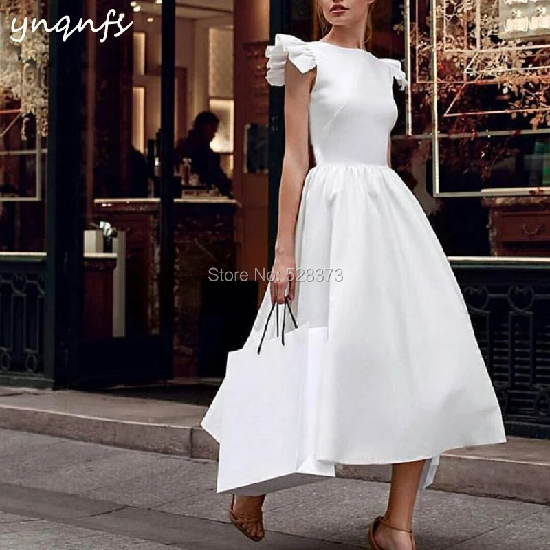 

YNQNFS CD86 Chic Cap Sleeve Vintage 50s 60s Ball Tea Length Vestidos 2018 Robe Bridesmaid Celebrity Dresses White Party