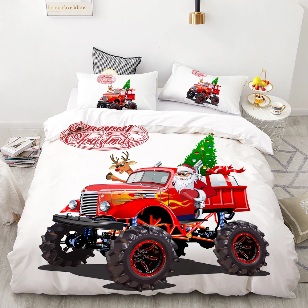 3D HD Digital Printing Custom Bedding Set,Cartoon Duvet Cover Set Kids Baby Children,Christmas Decorations Santa Claus Red Car