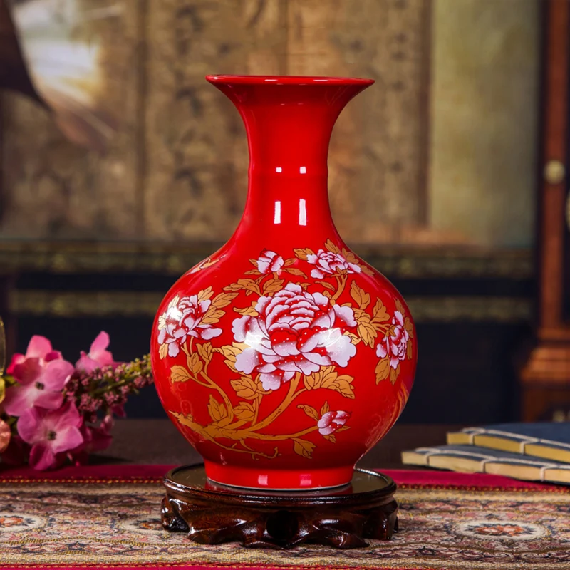 Luxury Chinese Antique Porcelain Cloisonne Vase Ornaments Home Decoration Crafts Ancient Palace Red Ceramic Vase Figurines Decor