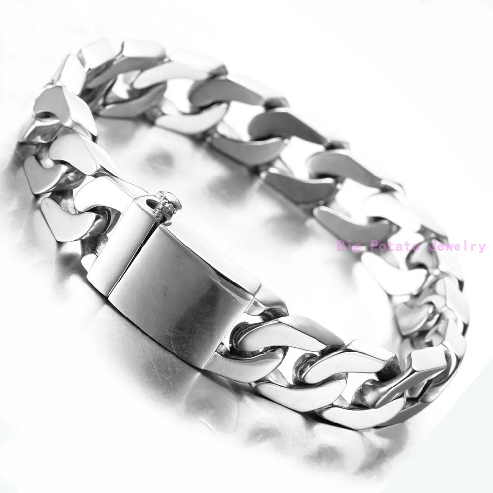 Top Polishing Silver Color Cuban Curb Casting Link Chain Bracelet 316L Stainless Steel Cool Men Bangle Jewelry 12mm*22CM