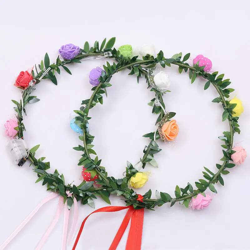 Flashing LED Glow Flower Headbands Light Up Party Rave Wear Floral Hair Garland Wreath Wedding Flower Girl Party Supplies SY0016