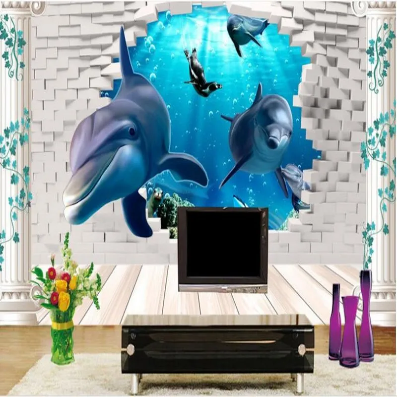 wellyu Custom large - scale murals 3D stereo underwater world dolphin TV backdrop  wallpaper papel de parede para quarto