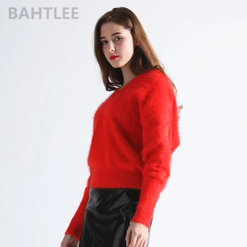 BAHTLEE-Women\'s Angora Rabbit Knitted Pullovers, Sweater, V-Neck Jumper, Batwing Sleeve, Fashion, Keep Warm, Autumn, Winter