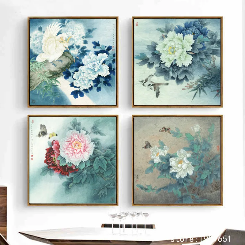 No frame Chinese style penoy flowers birds canvas printings oil painting printed on cotton home wall art decoration pictures