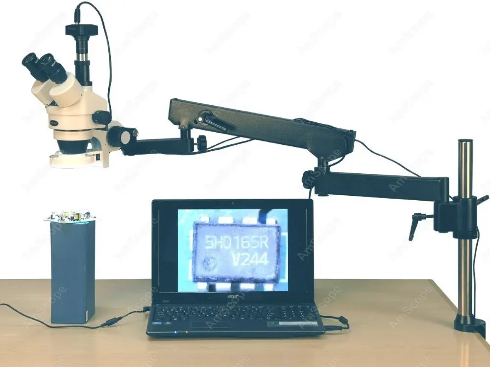 Articulating Arm Microscope--AmScope Supplies 3.5X-90X Articulating Arm 144-LED Zoom Stereo Microscope + 1.3MP Digital Camera