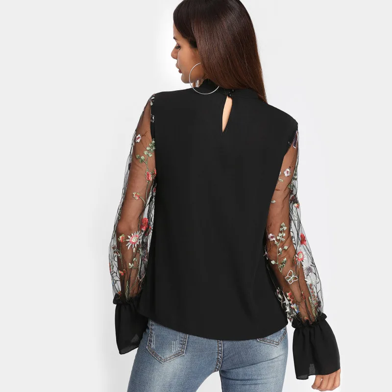 Ladies Sexy Floral Blouses 2018 Summer Womens Fashion Tops Embroidered Mesh Flare Long Sleeve V Neck Black Female Elegant Shirts