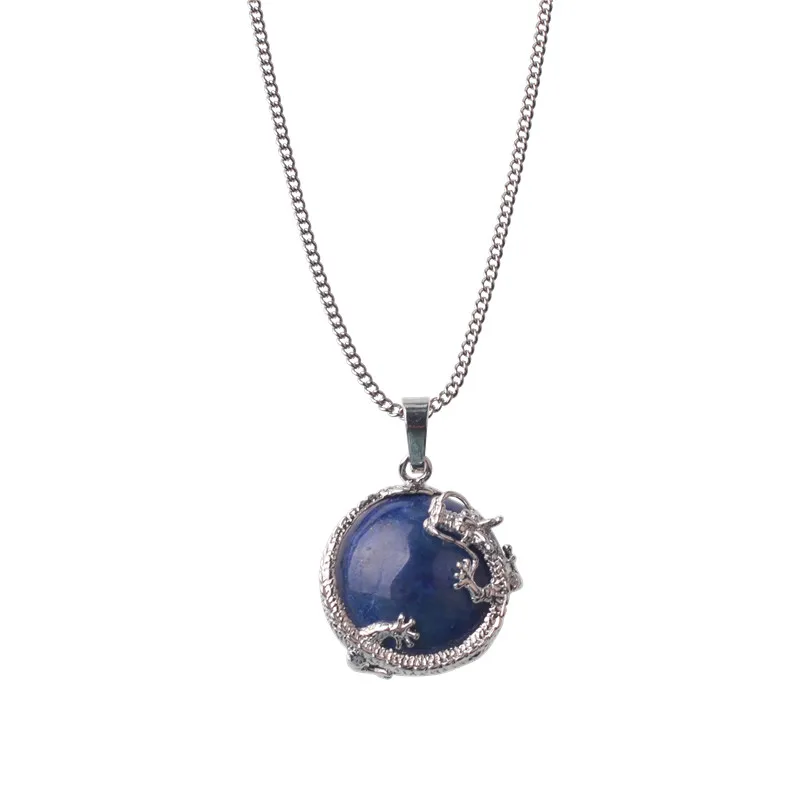 lapis lazuli dragon pendant necklace natural opal tiger eye aventurine quartz stone  65cm silver-color chain long jewelry