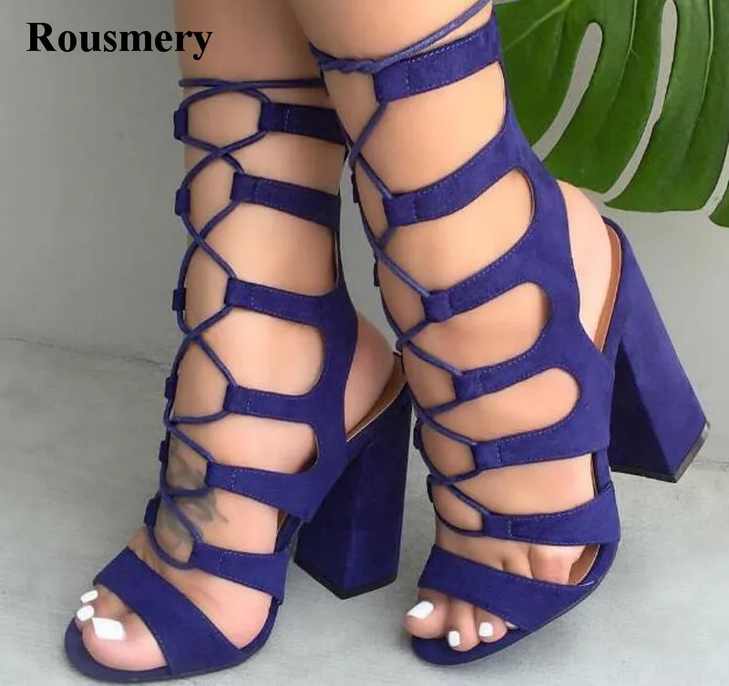 

New Fashion Women Open Toe Suede Leather Lace-up Thick Heel Gladiator Sandals Cut-out High Heel Sandals Dress Shoes