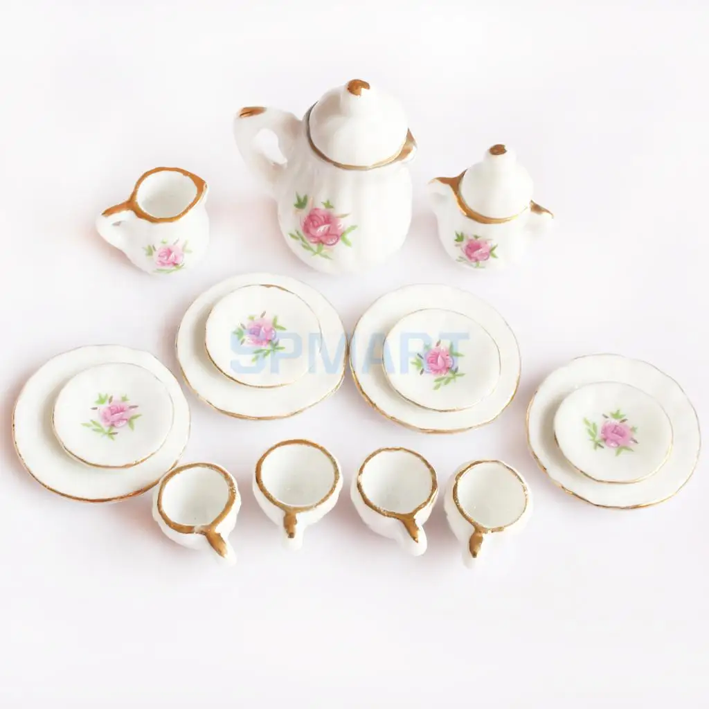 15 Peices Dolls House Miniatures Dining Ware Porcelain Tea Set Pot Cup Dish Pink Rose