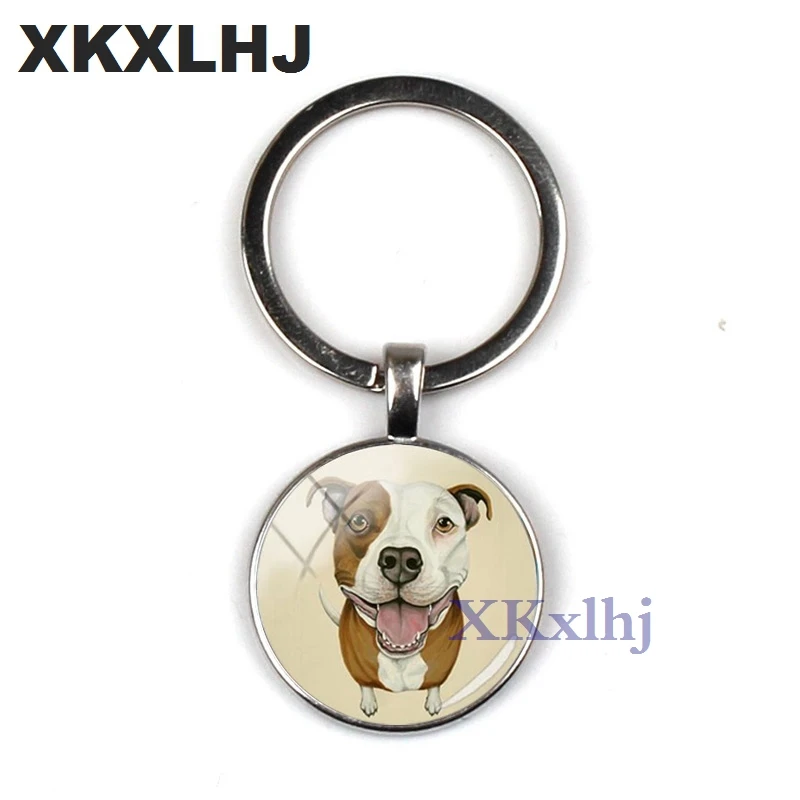 XKXLHJ 2018 Fashion Pit Bulldog Key Ring Pitbull Key Chain Glass Dome Key Chain Round Handmade Lady Keychain