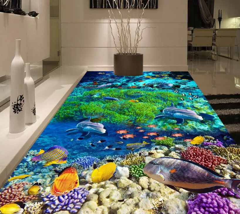 3D flooring wallpaper room dolphin vinyl roll adhesive floor vinyl stickers bathroom floor wallpaper for walls