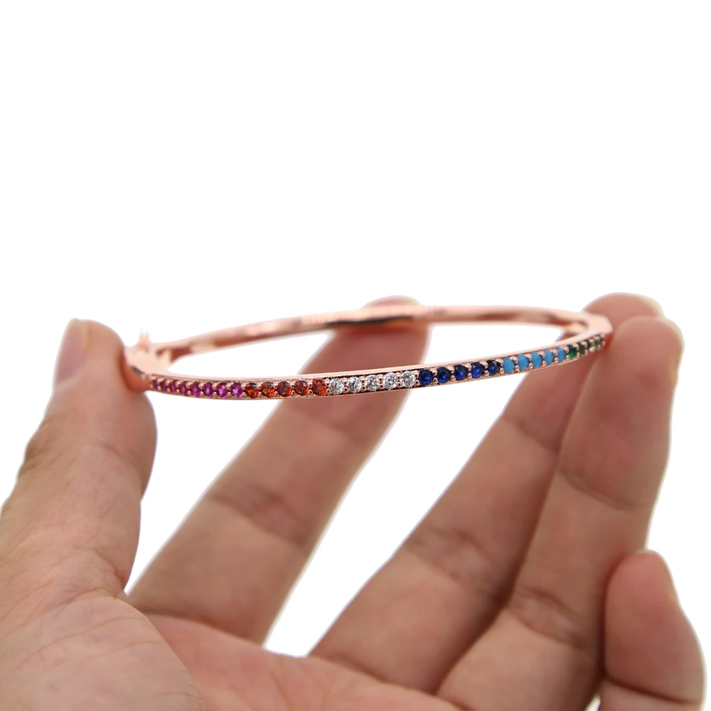 Luxury Classic Fashion Multi Color Full Rainbow Cz Bracelets Elegance Women Girl Simple Open Adjust Romantic Charm Brand Jewelry