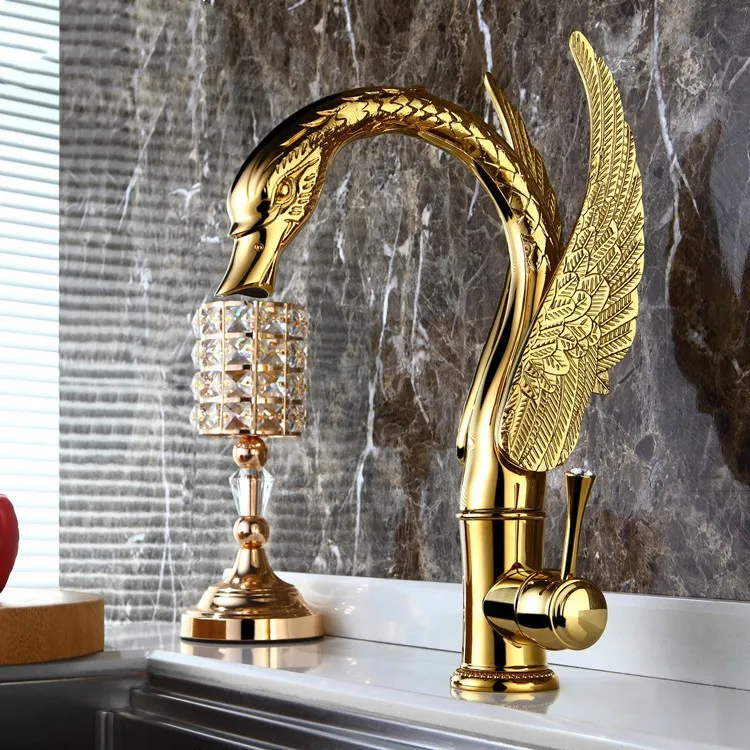 

Luxury gold brass bathroom sink faucet Swan Art cold and hot water basin faucet Top quality golden tap