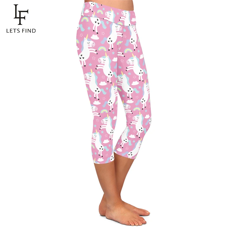 LETSFIND Legging untuk Wanita Celana Fitness Legging Kapri Merah Muda Elastis Pinggang Tinggi Motif Unicorn Pelangi Kartun