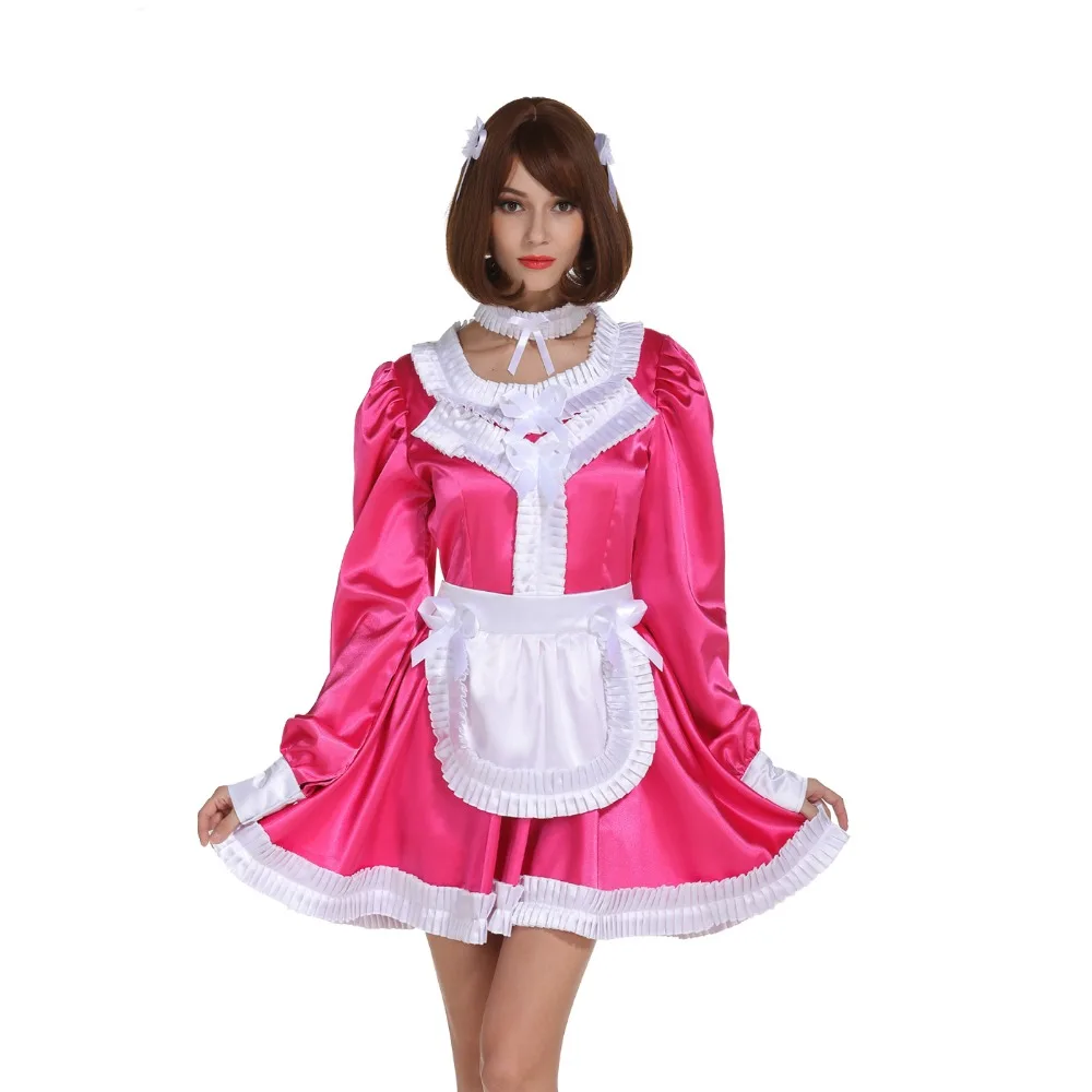 Sissy Vestito Ragazza di Pulizia Con Serratura A Pieghe Volant Rosa Carminio Crossdress Costume Cosplay