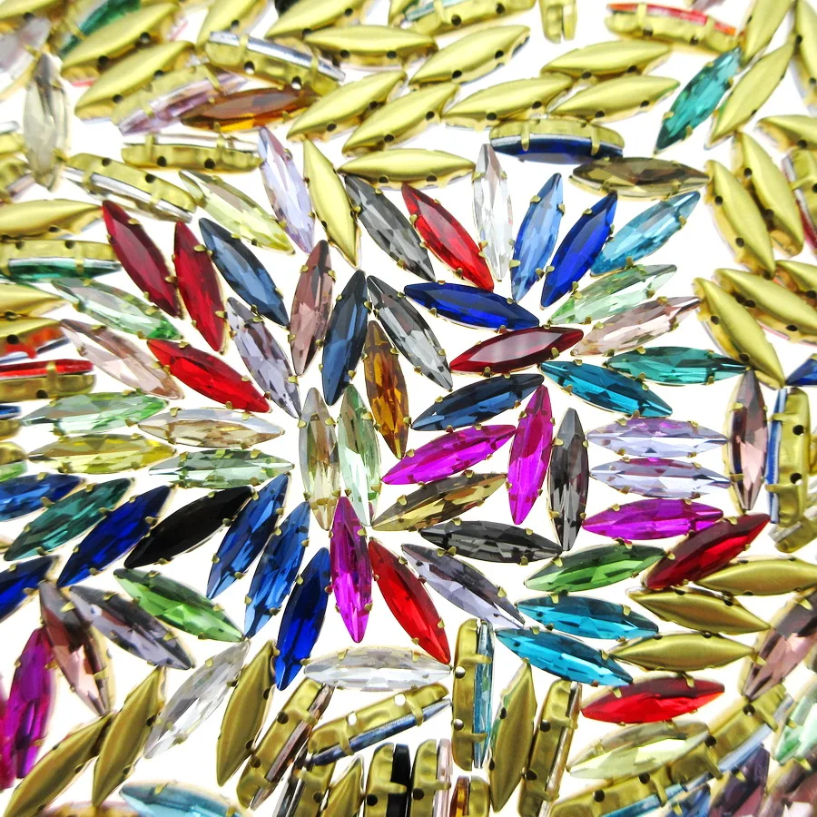 50pcs/pack Slim 4*15mm Horse eye Navette shape high quality glass Crystal Gold claw Sew on rhinestones wedding dress decoration