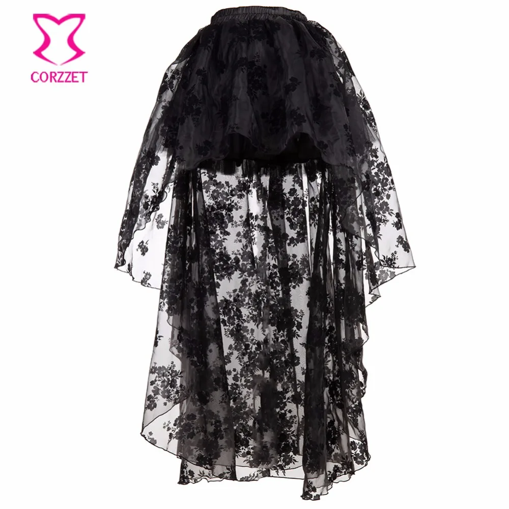 Black Floral Chiffon Front Short Back Long Gothic Victorian Skirt Steampunk Clothing Skirts Womens Vintage Clubwear Plus Size