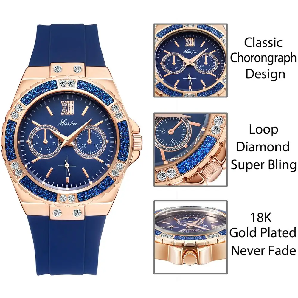 MISSFOX Women\'s Watches Chronograph Rose Gold Sport Watch Ladies Diamond Blue Rubber Band Xfcs Analog Female Quartz Wristwatch