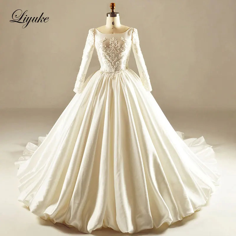 

Liyuke Glamorous Satin Backless Neckline Ball Gown Wedding Dress Embroidery Appliques Court Train Ball Gown Bridal Dress