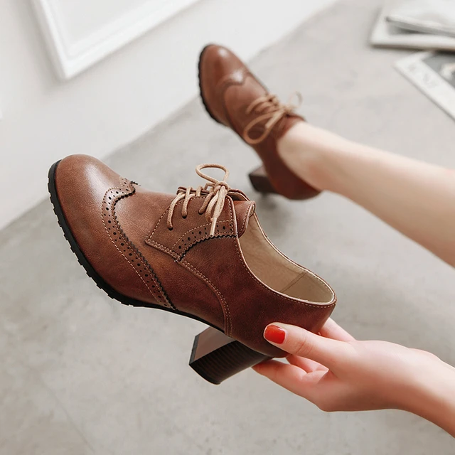 2024 Autumn Women Oxford Lace Up Shoes Vintage Round Toe Women Ankle Boots England Style high heels Ladies Chaussure femme 42 43