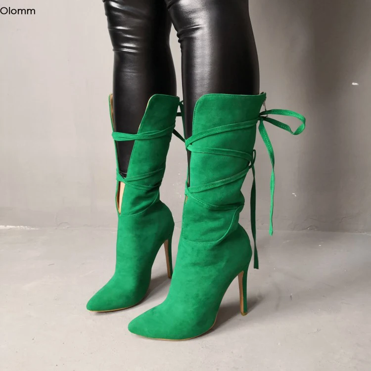 

Olomm New Women Mid-Calf Winter Boots Sexy Stiletto High Heels Boots Pointed Toe Nice Green Party Shoes Women Plus US Size 5-15