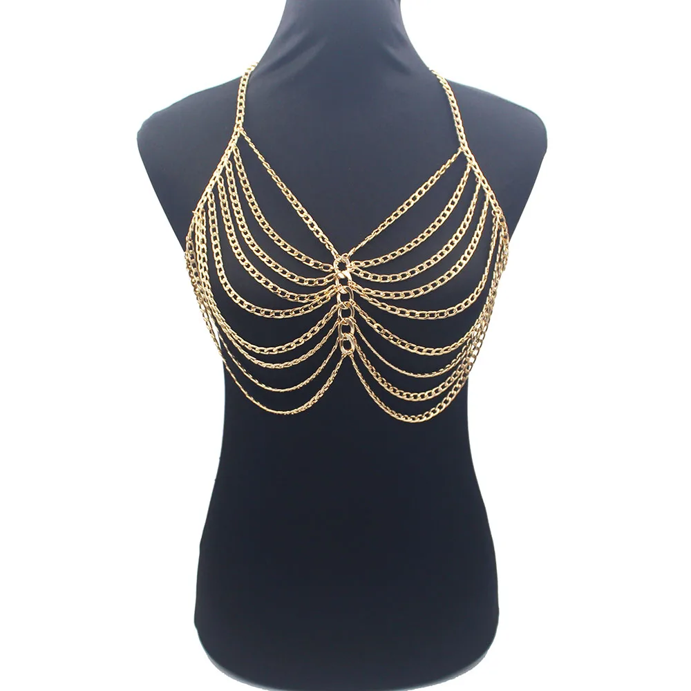 Sexy Bikini Chainmail Tops Harness Bra Body Chest Chain Gold Color Body Jewelry Boho Necklace Girls Gift BY147-1