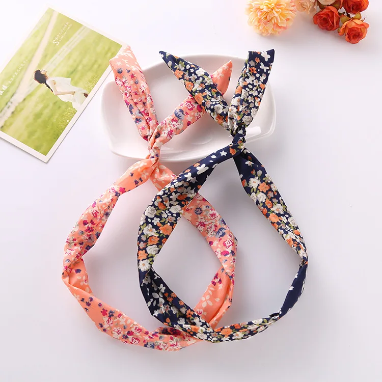 1Pc Cute Flower Dots lip print flower Bunny Rabbit Ear Ribbon Headwear Hairband Metal Wire Scarf Headband Hair Band Accessories