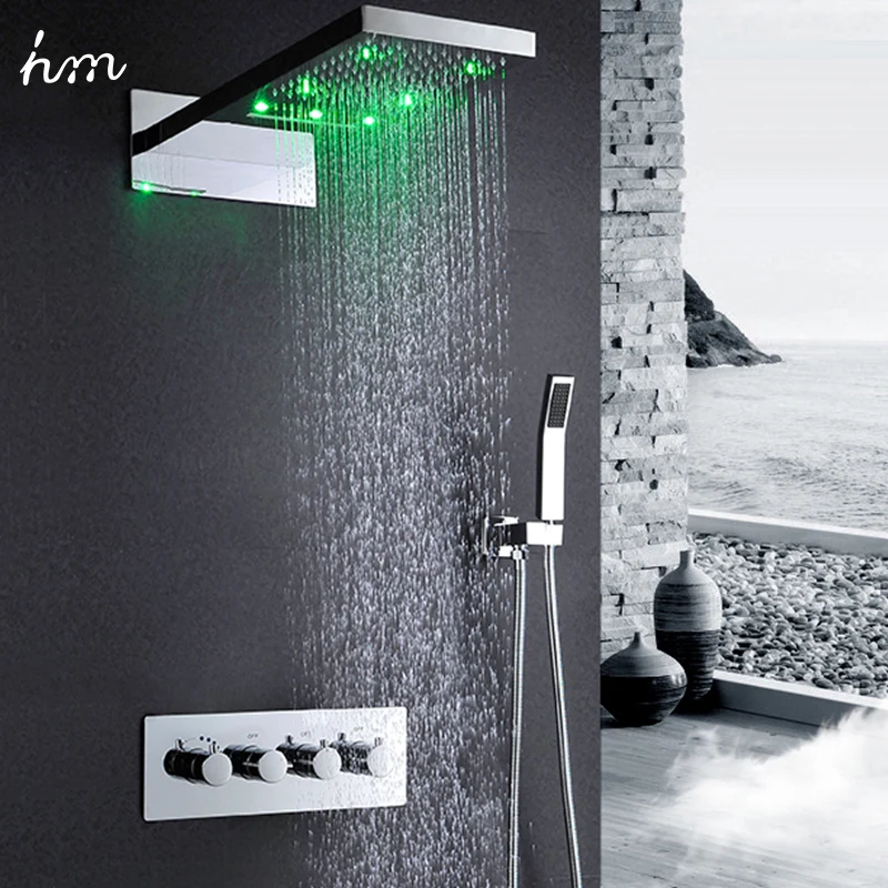 hm 22Inch LED Shower Set Rain Waterfall Showerhead Panel Water Saving 3Ways Thermostatic Faucets System Chrome Finished