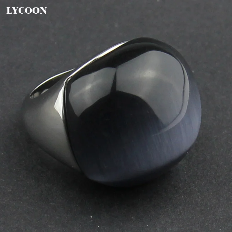 LYCOON Fashion 100% satisfied big natural Cat\'s eyes stone round ball Rings 316L Stainless steel Grey opal stone ring for women