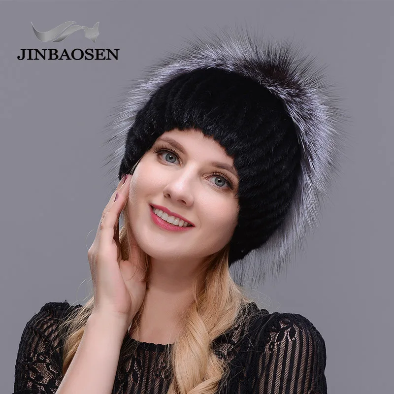 JINBAOSEN Fashion Mink Fur Fox Hat Woman Winter Warm Fox Knitted Hat Woman  New Natural Fur And Water drill Ski Hat