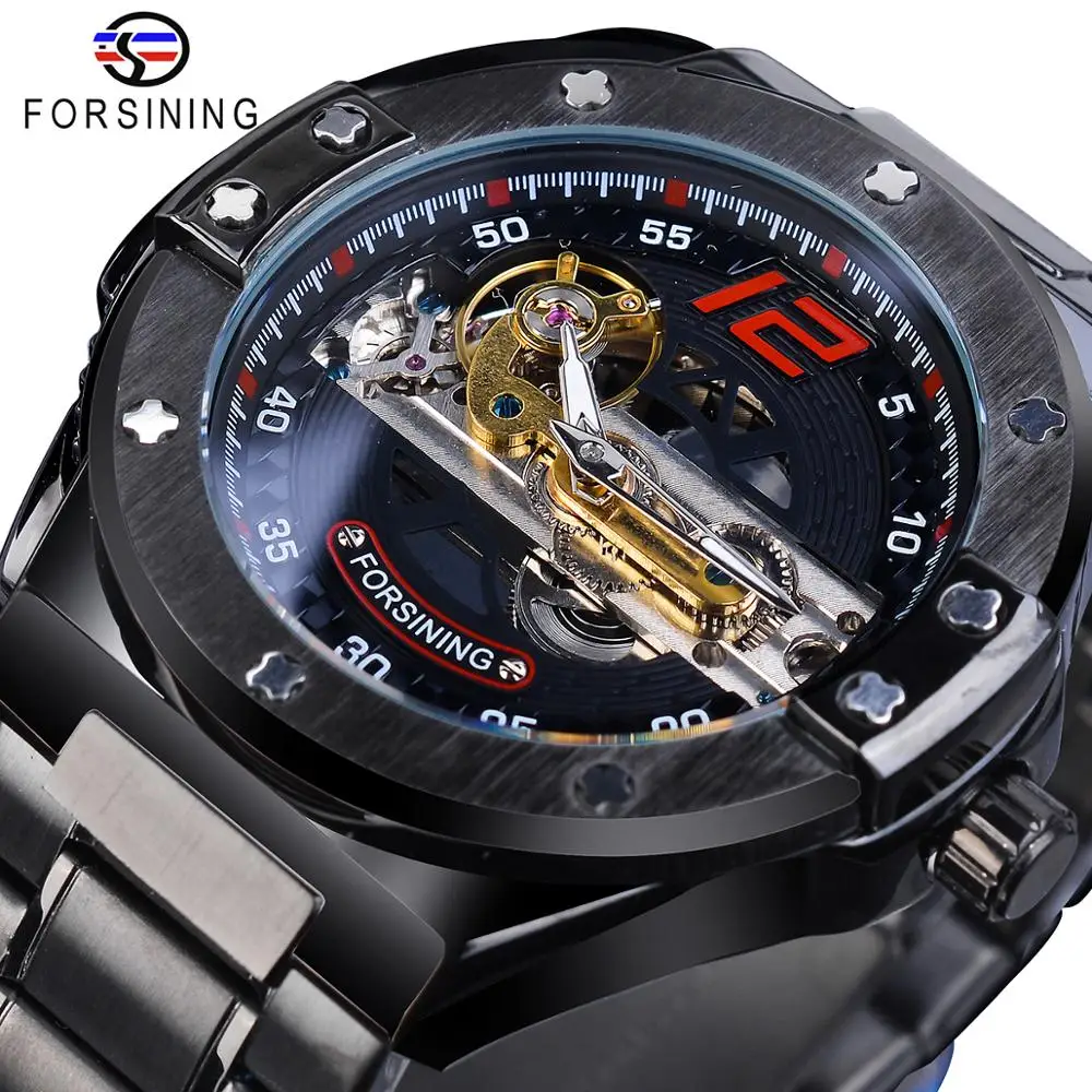 Forsining Transparent Automatic Men Watch Golden Bridge Mechanical Black Stainless Steel Band Skeleton Watches Relogio Masculino