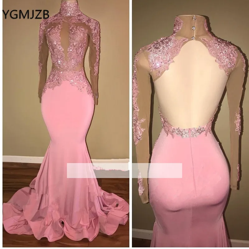 Sexy aberto para trás sereia rosa preto menina baile vestido de manga longa contas africano formal vestidos de noite formatura vestidos plus size