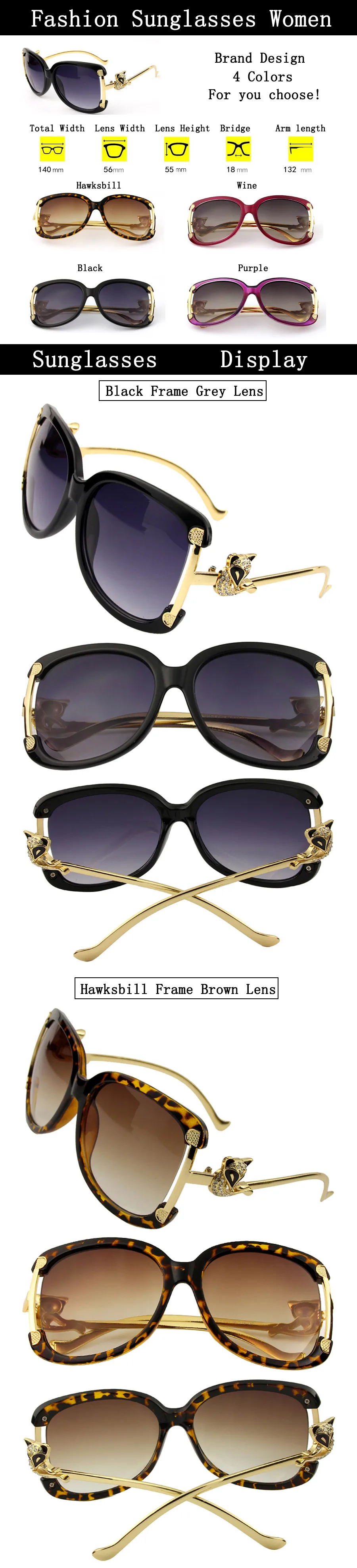Sonnenbrille Frauen Luxusmarke Designer Damen ovale Legierung Rahmen Gold Fuchs Dekoration Vintage Sonnenbrille Mädchen 4 Farben – Detail 10