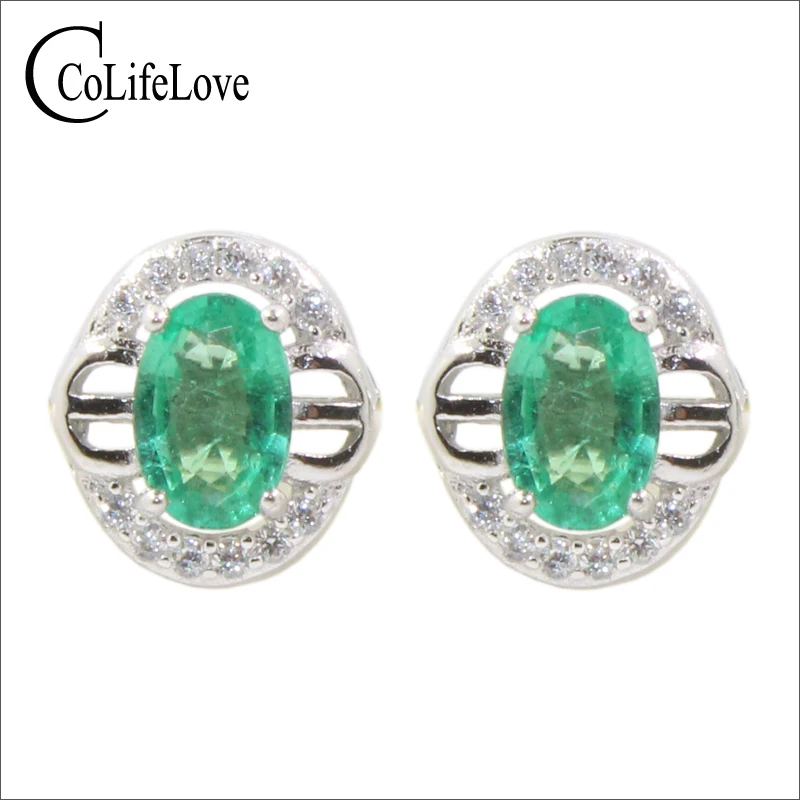 Classic sivler emerald earrings 2 pcs 4 mm * 6 mm natural I grade emerald stud earrings solid 925 silver emerald earrings