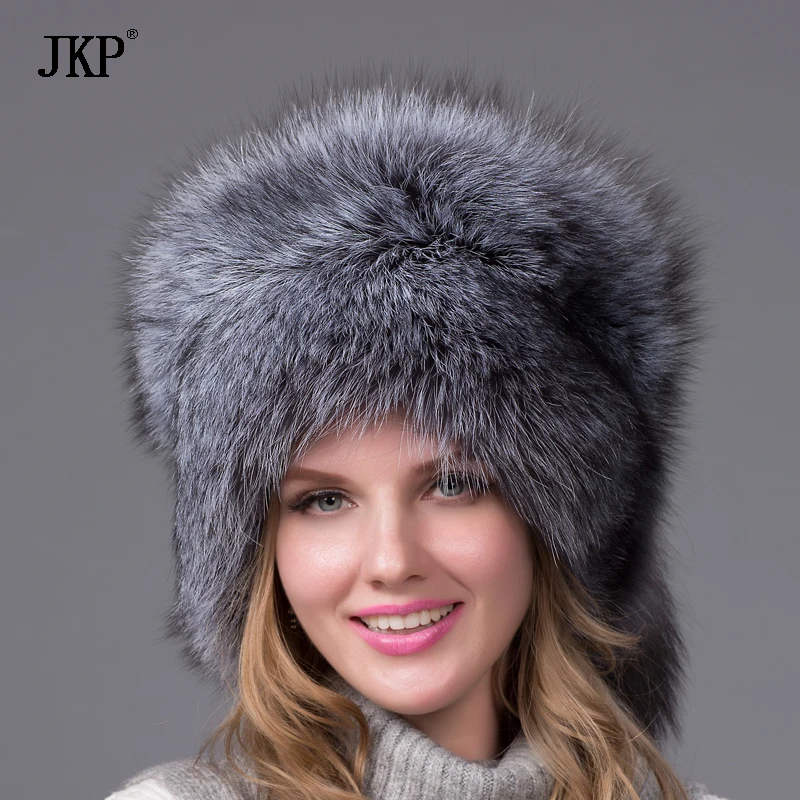 

JKP Silver Fox Fur Ushanka Hat 100% Real Silver Fox Fur With A Fox Tail Ear Cap Woman Winter Hat Great Circle