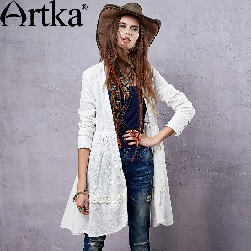 ARTKA Women\'s Elegant Bohemian Medium Style Stand Collar Pleated Swing Hem Long Sleeve Cotton Shirt SA14152C