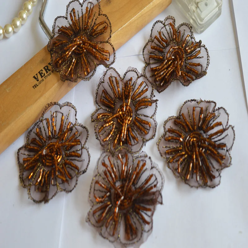 (2pc/lot)New Arrival beads Wedding Dress Decorated brown 3D Organza Flower Applique Sew On Lace Patches-041002