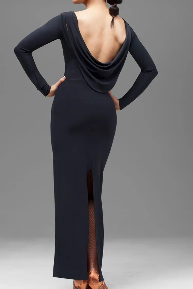 Latin dance pendant back collar long dress full sleeve hip package back split dress W16013 Latin