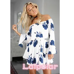 Fashion Women Slash Neck Lady off Shoulder Flare Sleeve Empire Waist Tunic Floral Clothes Laipelar