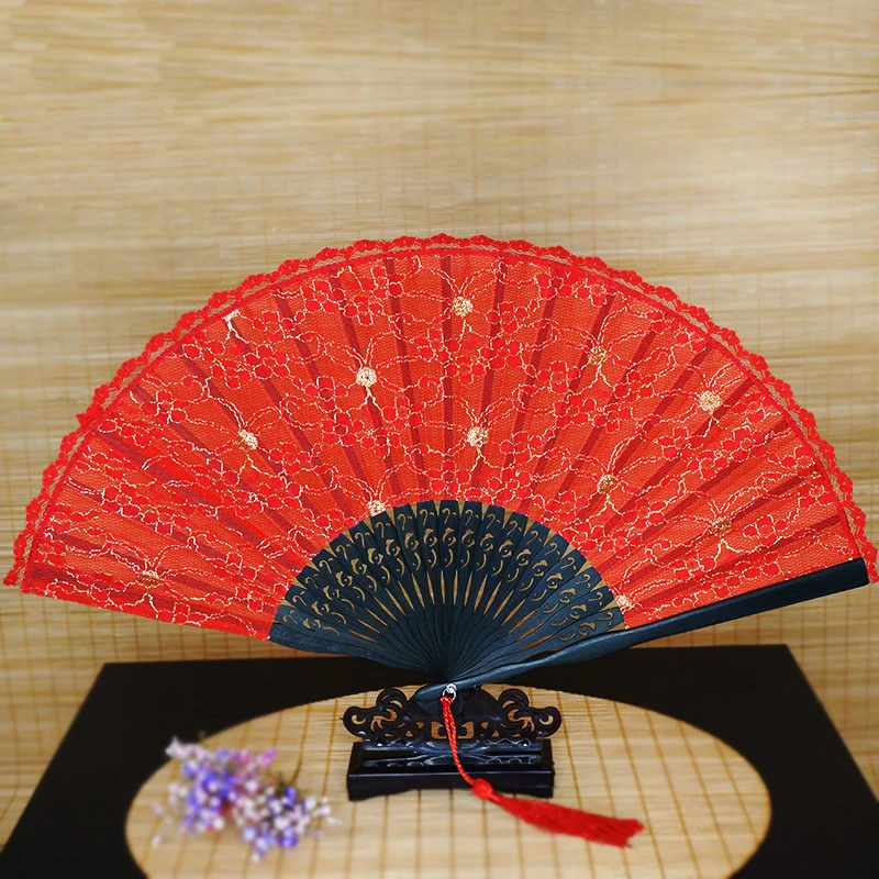 Free Shipping 10pcs/lot Lace Bamboo Fans Red Golden Lace Flower Decor with Tassel For Gift Wedding Dancing Hem Night Party